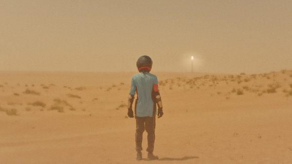 Heat film image; person standing in a desert