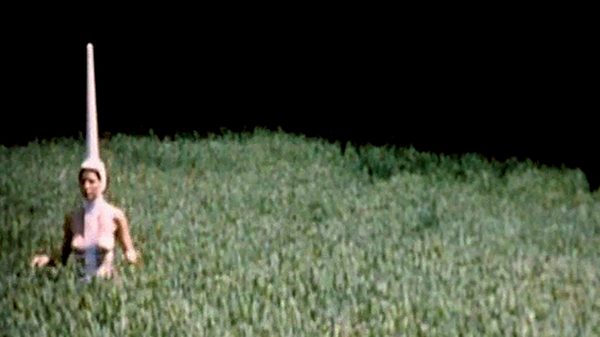 Rebecca Horn - the Secret Life of Things film image; woman with a large cone hat on her head standing in a field