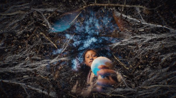 Daughters of the Forest film image; woman reaching for a glowing blue ball through icy tendrils