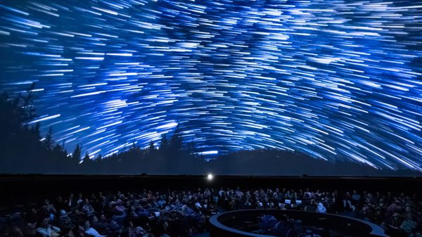 audience looking up at a starry sky spread across a screen