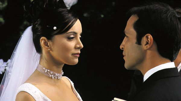 Last Wedding film image; bride and groom looking at each other