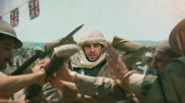 Palestine '36 film image; man standing amongst a battle