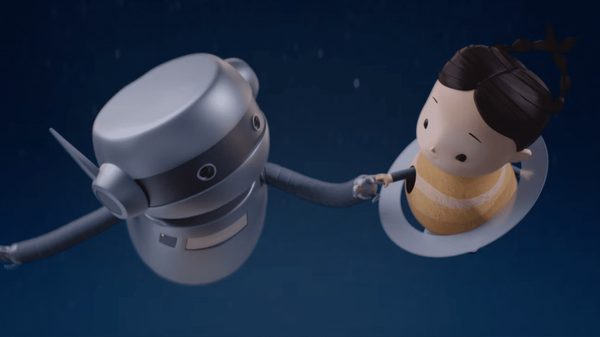 Space Cadet film image; cartoon young child and a robot floating in space