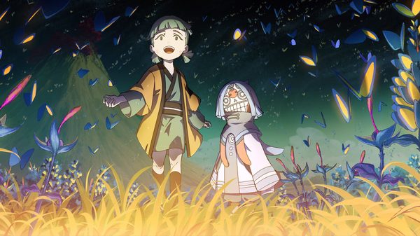 Another World film image; two cartoon characters standing in a grassy field at night