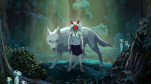 Princess Mononoke film image; anime girl standing in front of a white wolf