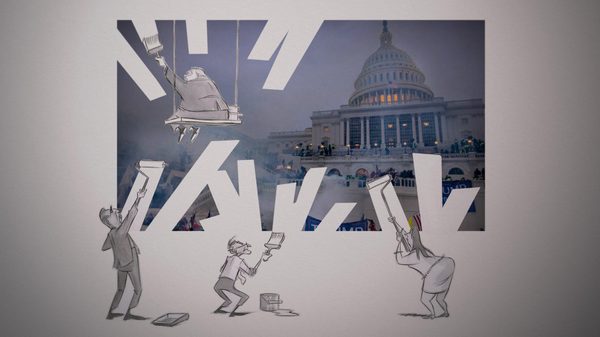 Democracy Under Siege film image; political cartoon of the Capital Building