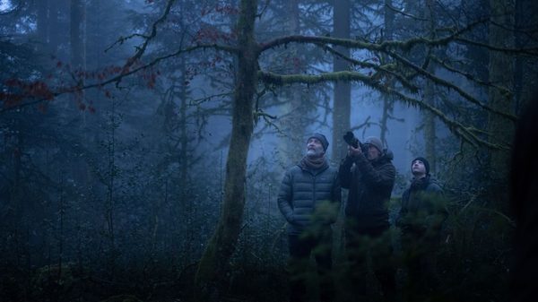 Whispers in the Woods film image; three people taking photos in the woods at dusk