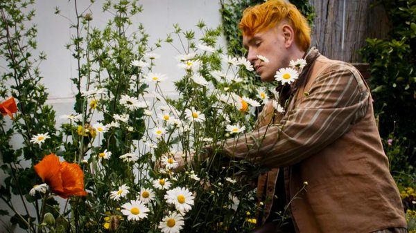 WOLF film image; man arranging a large bouquet of daisies