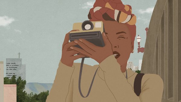 Ana, En Passant film image; animated woman taking a picture with a polaroid camera