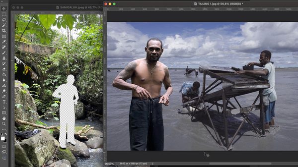 Golden Island film image; man standing next to a structure in some water