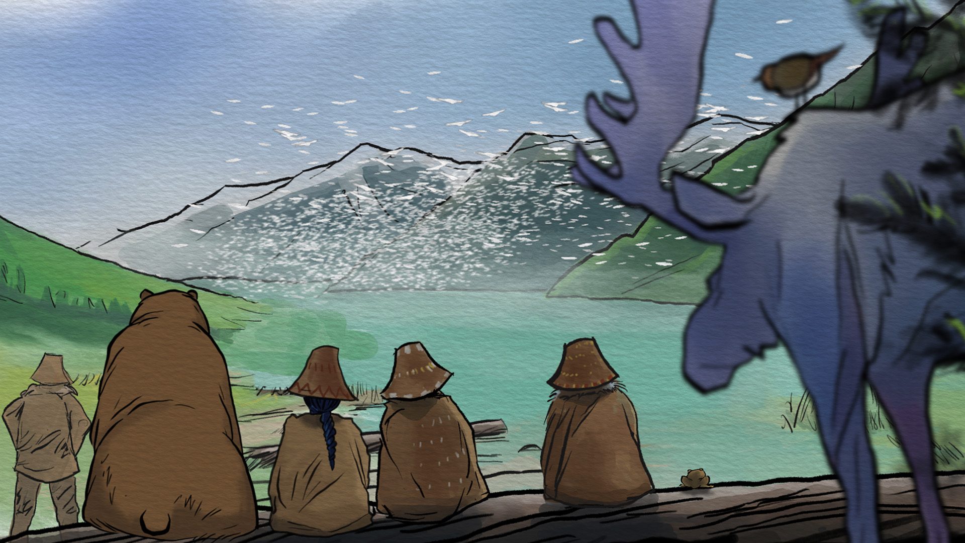 Ceremony film image; 2D animation of people and animals sitting by water