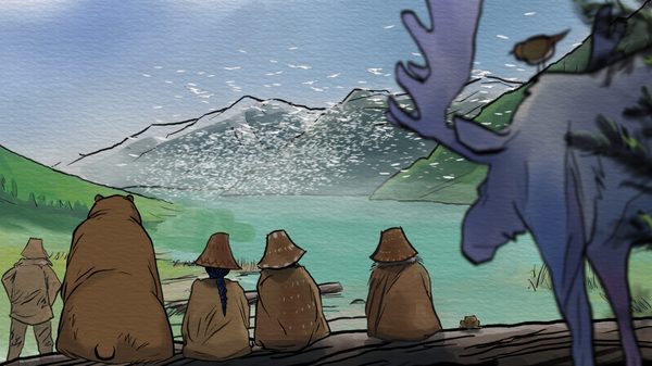 Ceremony film image; 2D animation of people and animals sitting by water