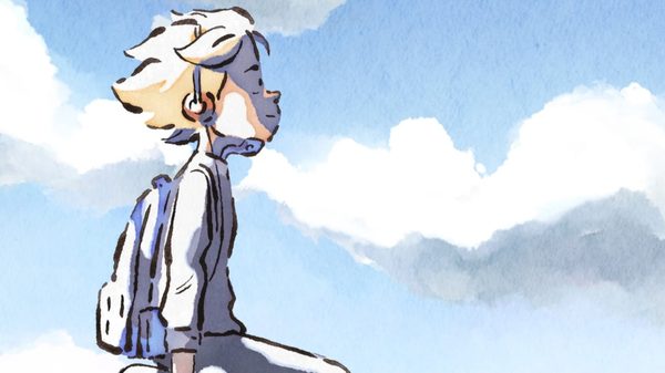 Iron Boy film image; 2D animated boy looking at clouds