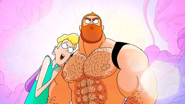 Jim Queen film image; cartoon boy looking in awe at a huge muscly shirtless guy
