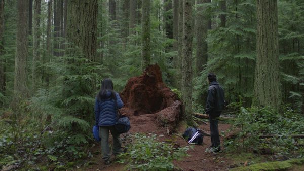 Pacific Spirit film image; two people in a forest