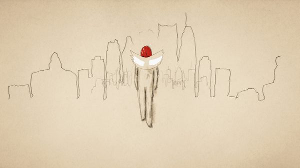 Piluk film image; illustrated boy walking towards a sketch of a city