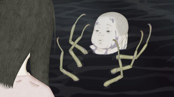 Praying Mantis film image; illustrated baby emerging from water with insect legs