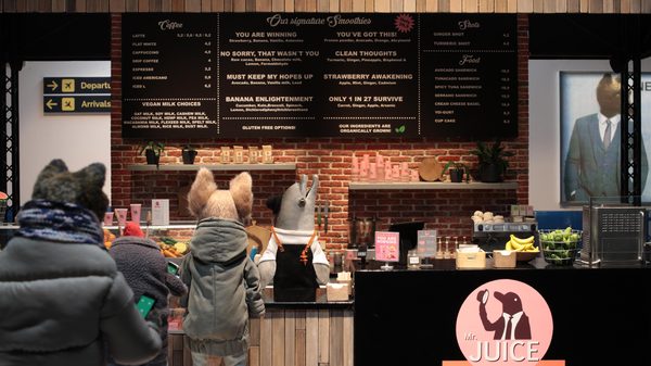 The End film image; stop motion anthropomorphic animals ordering from a cafe counter