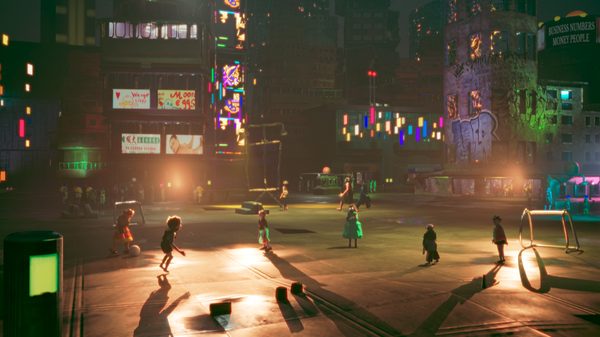 Acid City film image; kids playing in a parking lot at night