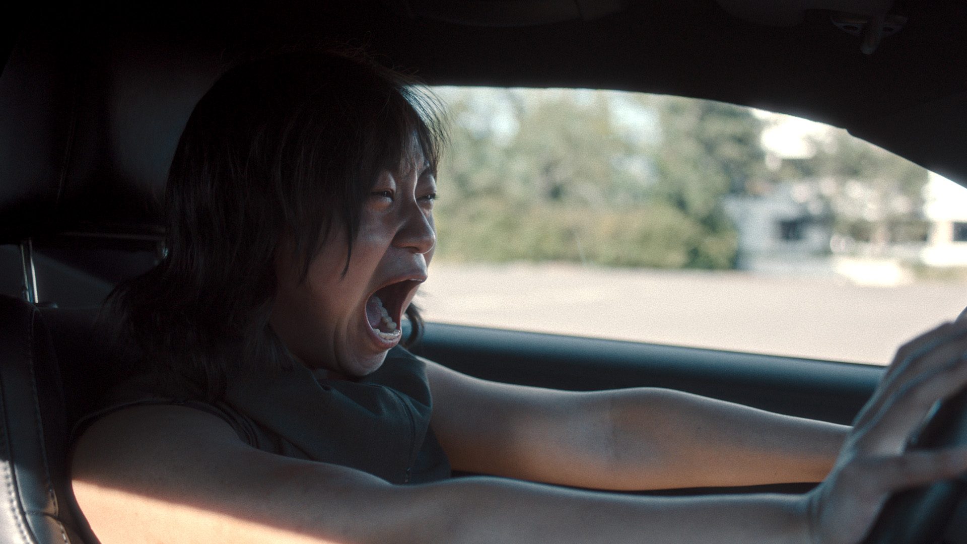 Prosecution film image; woman screaming in a car