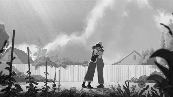 Tangles film image; two people hugging in a garden