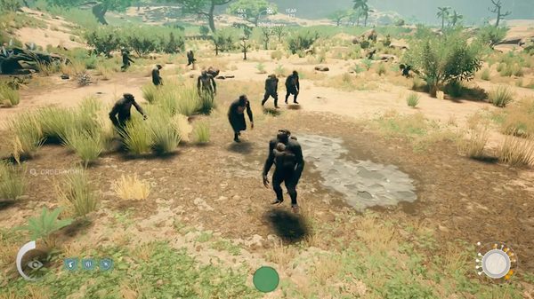 Together film image; 3D-rendered ape creatures on sandy terrain