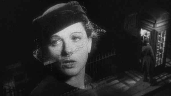 The 39 Steps film image; woman in a veil overlaid on image of person approaching a phone booth