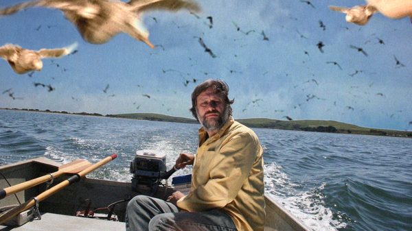 The Pervert's Guide to Cinema film image; man in a motorboat with birds swarming him