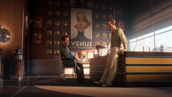 Ray Gunn film image; cartoon men sitting in a music executive's office